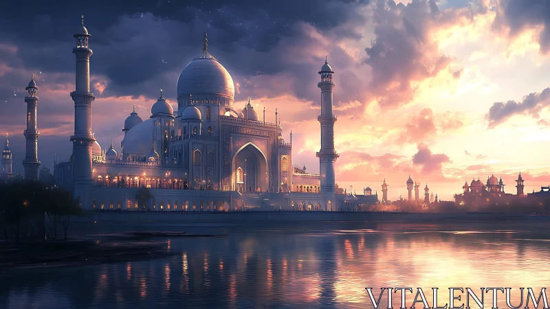 Sunlit marble palace glows over tranquil reflective river.