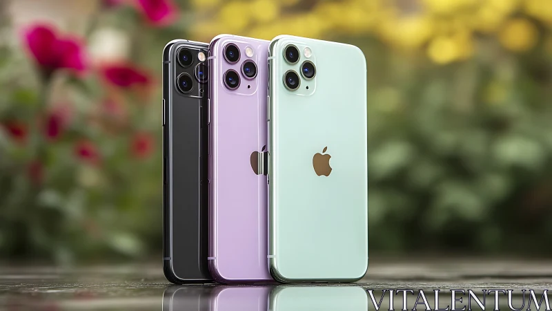 Triple iPhone 11 Pro Display: Space Black, Purple, and Mint Green