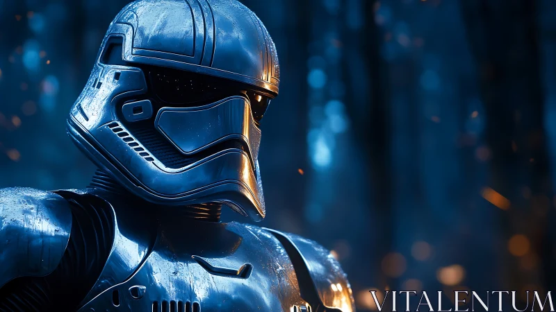 Armored sci fi soldier stands vigilant in a glowing forest night