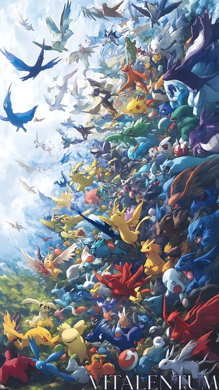 Colorful creatures surge upward through dense sky and clouds