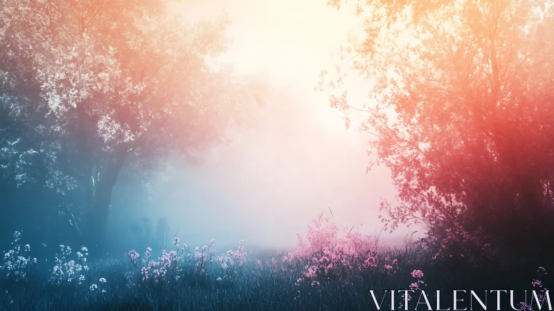Misty meadow glows under soft pastel sunrise light