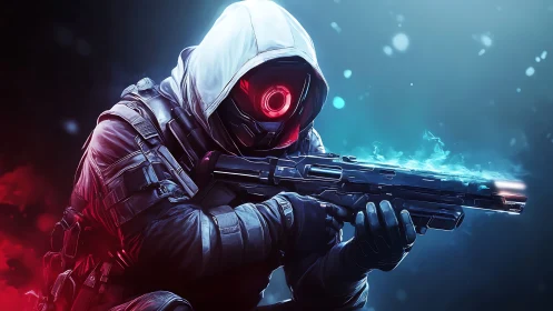 Hooded cyber sniper aims glowing rifle in neon haze.
