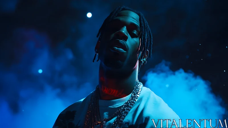 Moody portrait in neon blue haze with dramatic rim light.