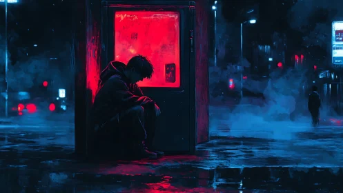 Neon solitude at a midnight vending machine in rain-soaked city.