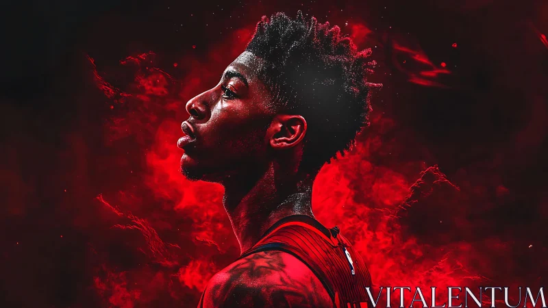 Digital portrait of basketball player in red inferno glow.
