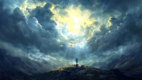 Solitary dreamer bathed in storm-split celestial light.