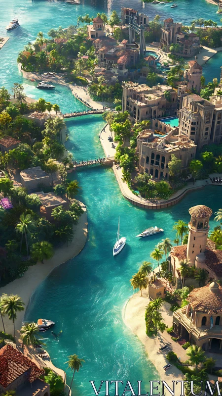 Sunlit canal city sails lazily between jade island villas