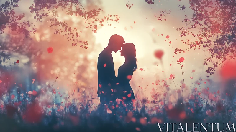 Silhouetted Couple Embracing in Dreamlike Autumn Field.