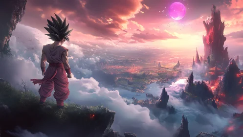 Saiyan at the sky-edge gazes over violet-moon valley.