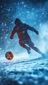 Silhouetted soccer player kicks ball on a snowy illuminated field