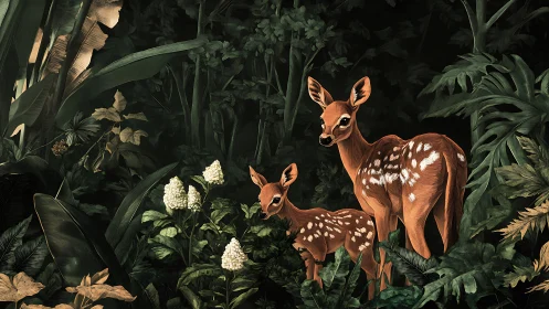 Gentle deer family pauses quietly within lush forest ferns