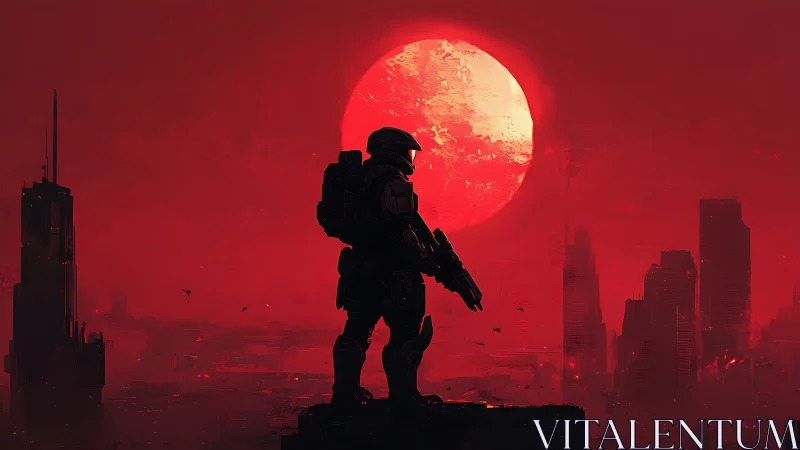 Armored moonwatcher guarding a blood-red future skyline.