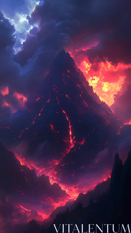 Massive stratovolcano eruption with lava rivers and storm clouds