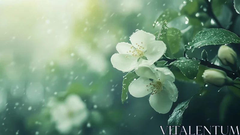 White Jasmine Flowers with Raindrops in Soft Focus Garden.