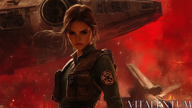 Digital war portrait with starship backdrop and infernal skies.