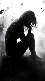 Silhouette of quiet heartbreak in storm-brushed monochrome dusk.