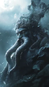 Subaquatic stone deity entwined with cephalopod appendages.