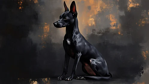 Sleek black dog sits proudly against a moody painted backdrop