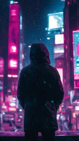 Hooded figure in neon city snow at night, rear view.