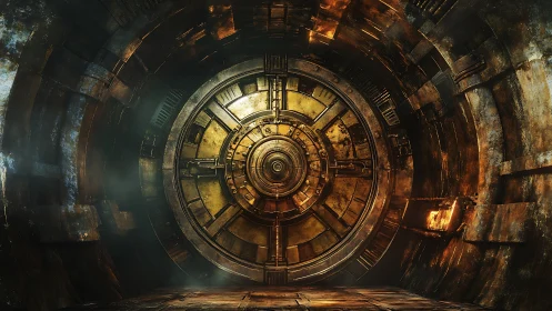 Circular industrial vault door in rusted metal tunnel.