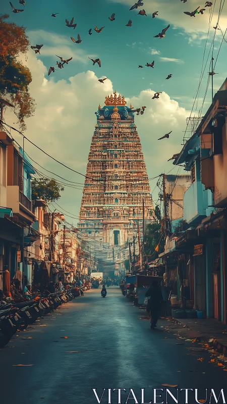 Sunlit temple street alive with everyday city stories.