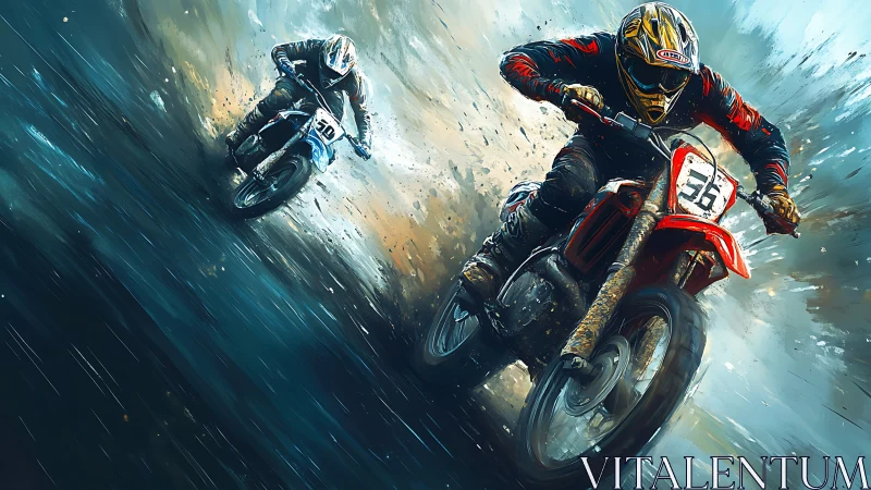 Mud-slinging moto duel carving thunder through wet chaos.