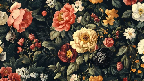 Botanical Floral Pattern on Dark Background with Period Blooms