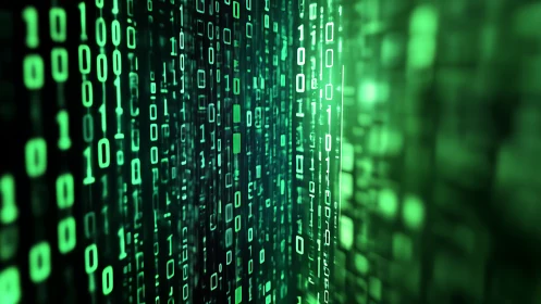 Green binary code matrix with vertical digital streams.