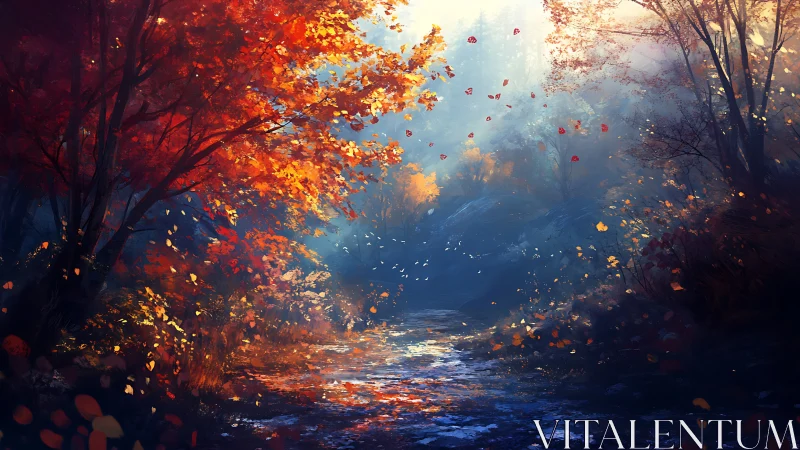 Autumn Forest Pathway with Volumetric Foliage Illumination and Atmospheric Mist