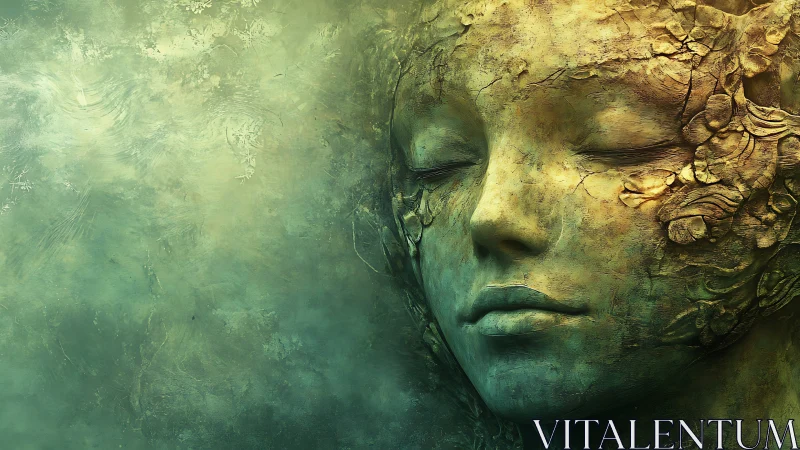 Digital painting of weathered moss goddess face in profile focus.