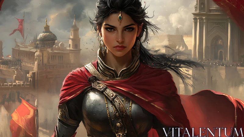 Armored desert commander before sunlit citadel skyline.