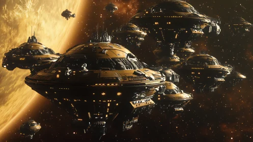 Massive ringed starships deploy in high-orbit defensive formation