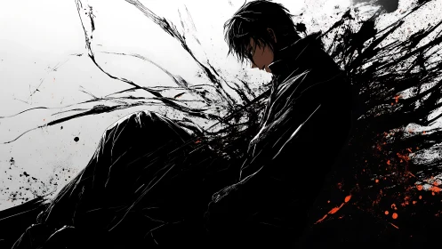 Solitary figure dissolving into black ink chaos.