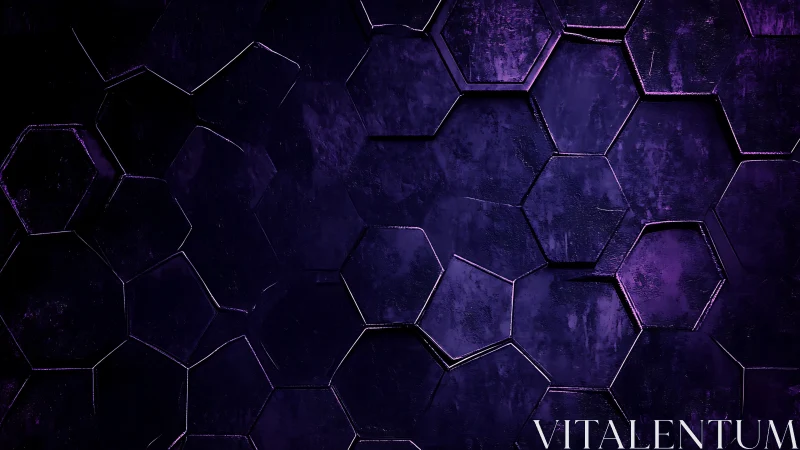 Hexagonal violet metal wall with distressed textured surfaces.