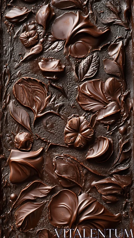Textured dark chocolate floral relief with sculpted petals.