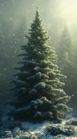Snow-dusted evergreen tree glows in soft winter sunlight.
