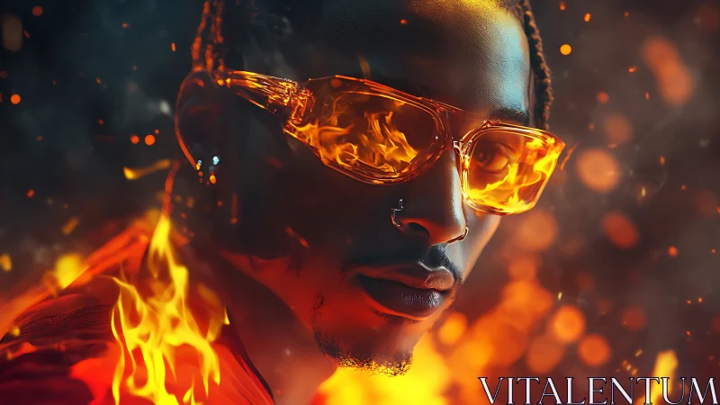 Portrait with Amber-Tinted Eyewear and Flame Lighting Effect