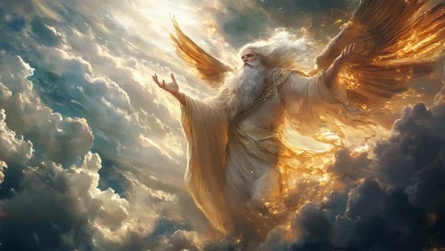 Luminescent seraphic elder ascending through radiant cumulonimbus.