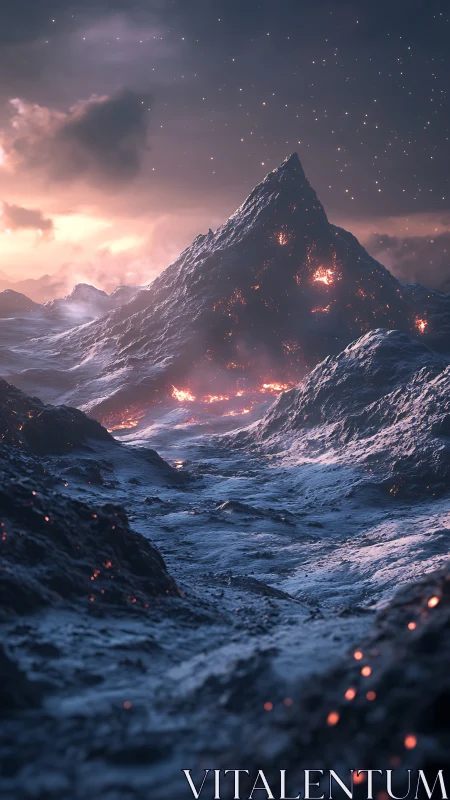Glowing volcanic peak under a dreamy, starlit twilight sky.