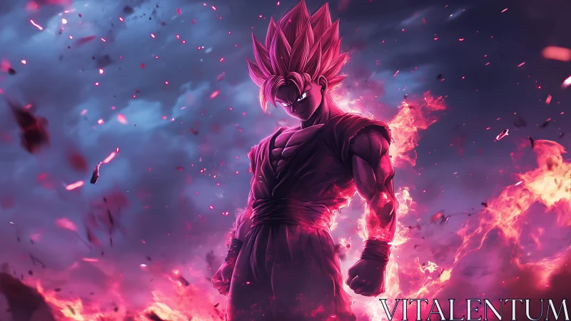 Fiery anime warrior ignites a stormy sky with raw power