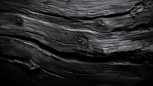 Charred wood grain surface shows deep black ridges and grooves