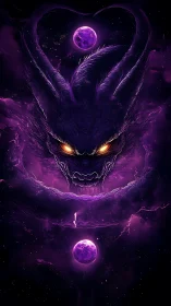 Cosmic purple demon head looming over twin glowing planets.