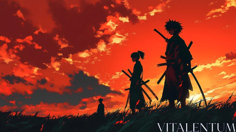 Silhouetted samurai trio traverse grassland under saturated red sky