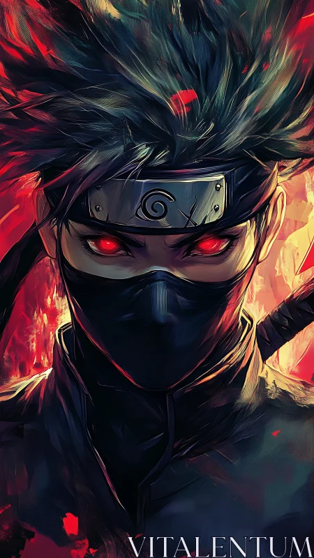 Masked shinobi portrait with blazing crimson eyes