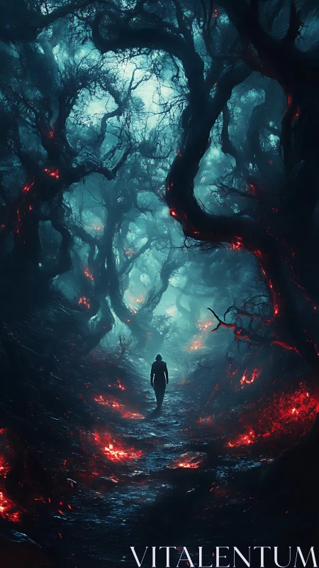 Lone wanderer walks through a burning, haunted twilight forest