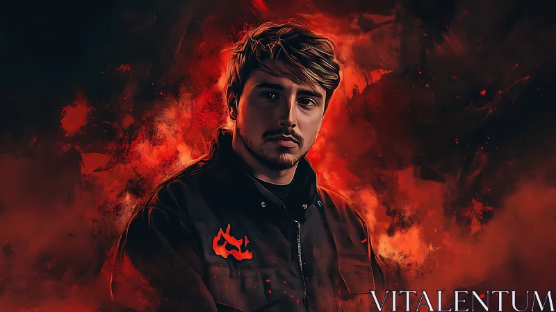 Moody digital portrait of man in fiery red background.