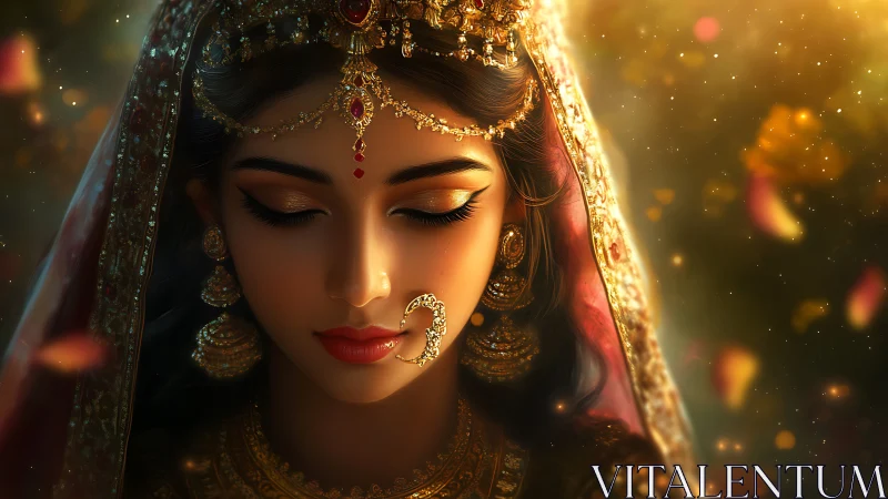 Regal bride portrait glows under warm golden bokeh light