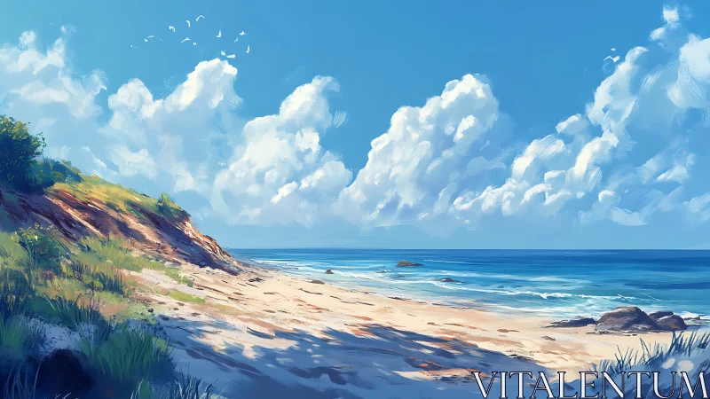 Sunlit coastal beach stretches beneath towering summer clouds