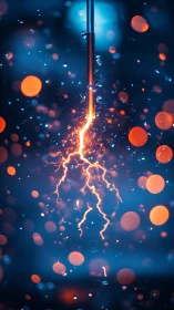 Electrode discharging orange plasma arcs amid blue bokeh particles