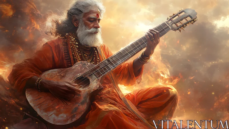 Mystic elder in orange robes plays celestial guitar amid fire.